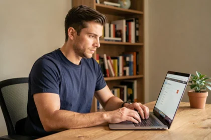 Homme accédant à Phoenix Scan de manière sécurisée sur un ordinateur portable depuis son bureau à domicile