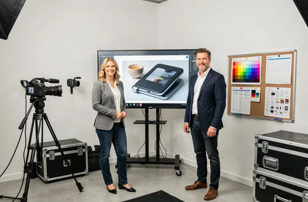 Équipe d'Actuel Studio 3 France Photographie réunie autour d'un moniteur dans un studio commercial moderne