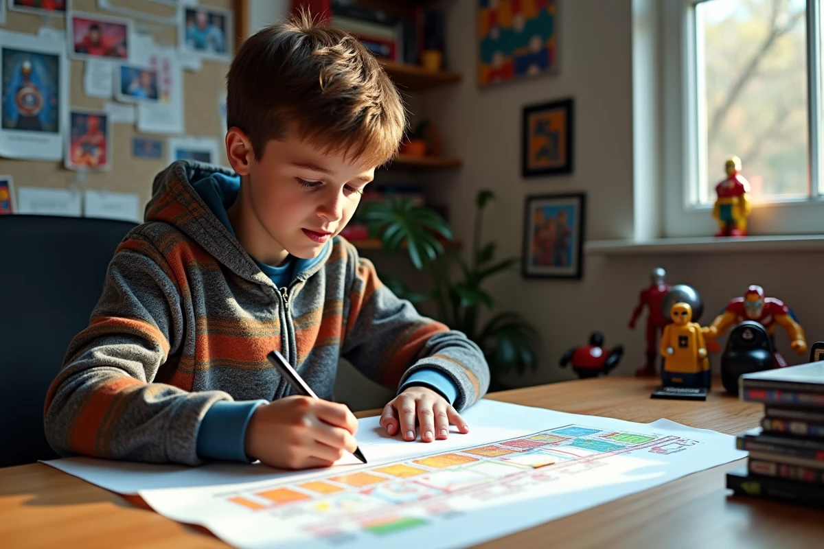 Adolescent dessinant une timeline dans sa chambre Marvel