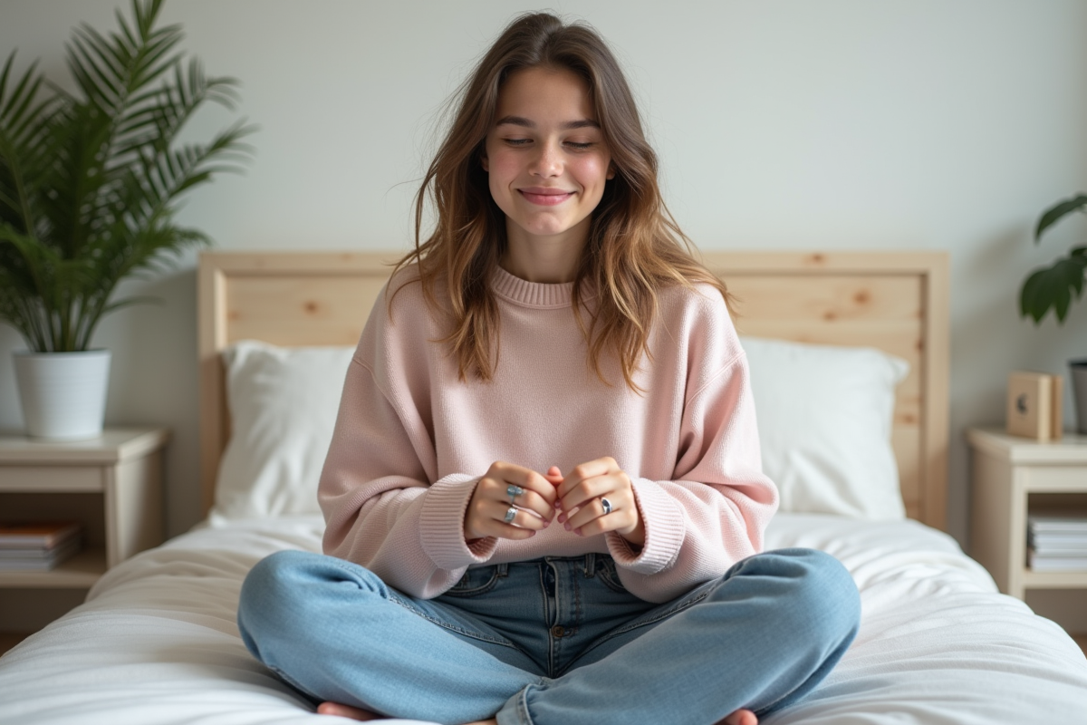 Adolescent nonbinaire assis sur un lit dans une chambre cosy