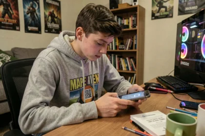 Adolescent qui scanne un QR code Brawl Stars 2026 sur son smartphone dans une chambre de gamer