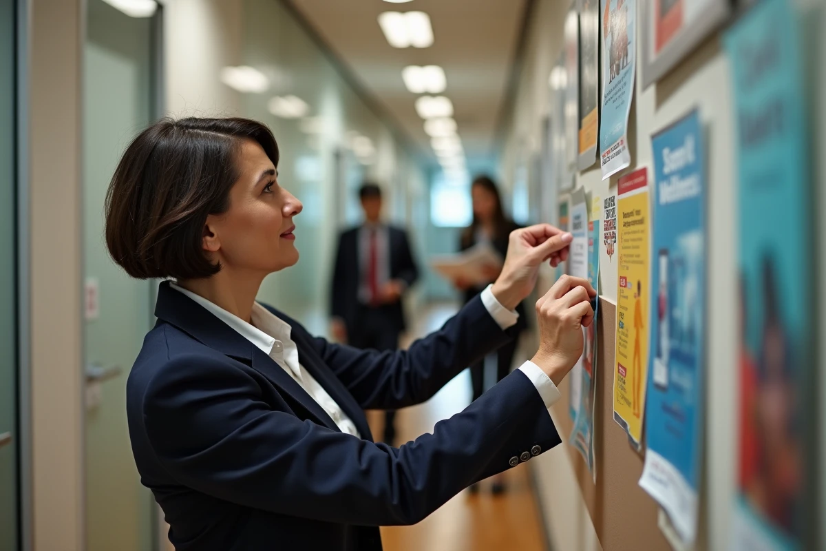 Femme pinçant une affiche de bien-être dans un couloir d office