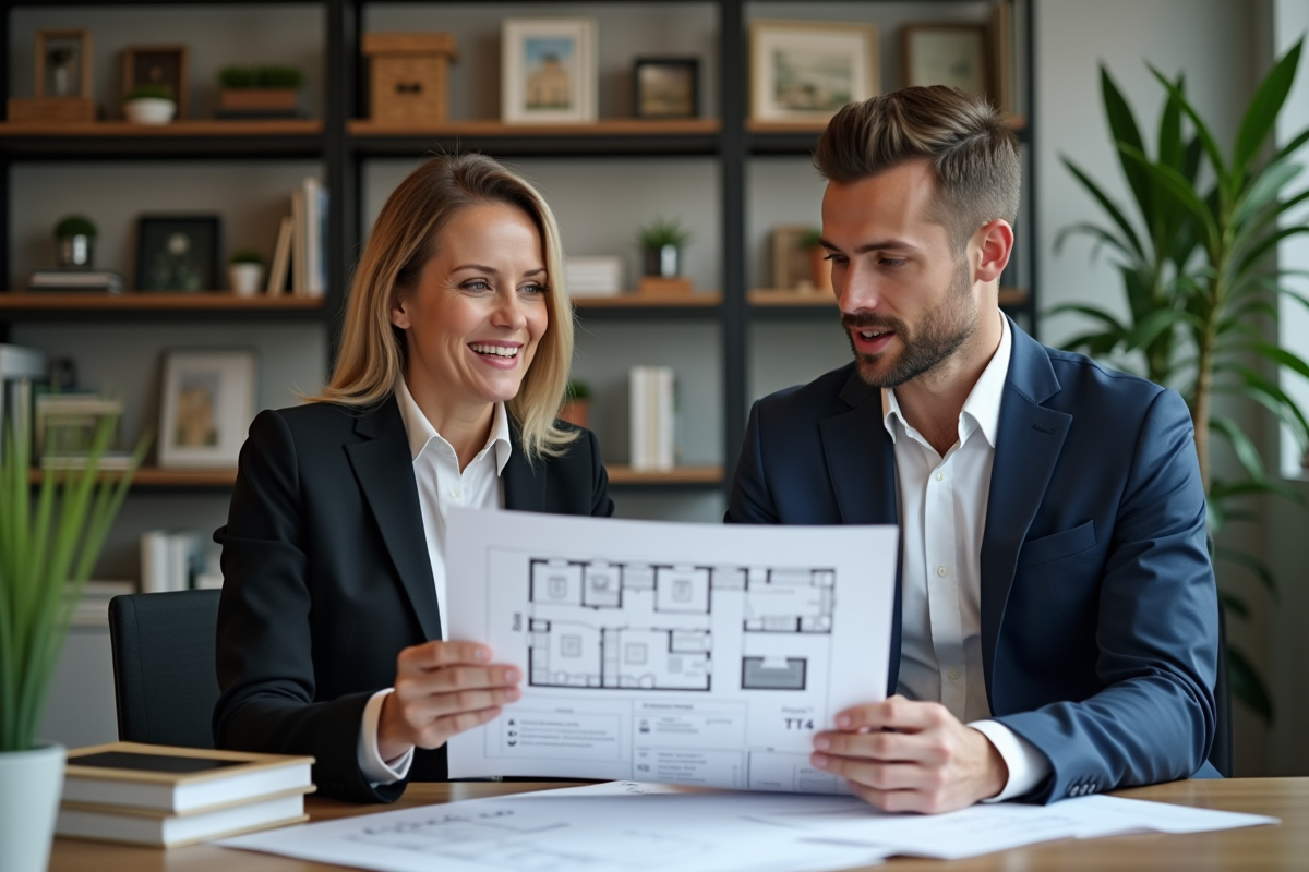 Agent immobilier explique un plan T4 à un client dans un bureau