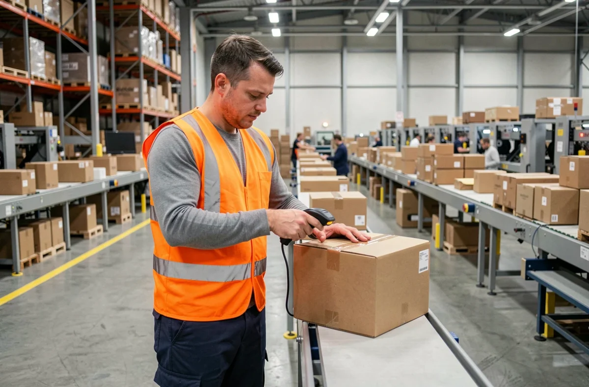Agent logistique scannant un colis sur un tapis convoyeur dans un grand entrepôt de tri de colis