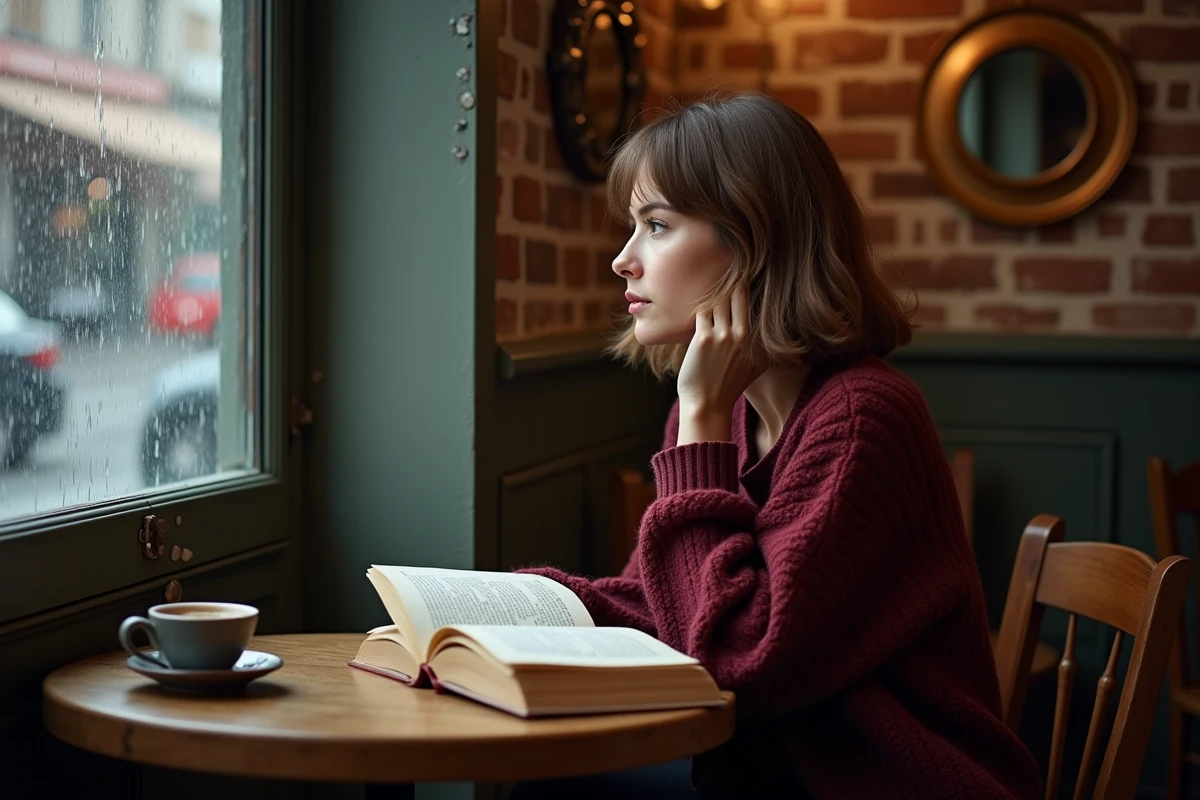 Femme amoureuse transie au féminin rêveuse dans un café parisien sous la pluie tenant un livre ouvert