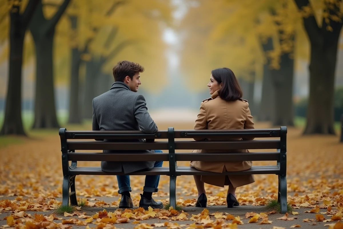 Couple d'amoureux transis assis éloignés sur un banc de jardin public en automne illustrant le mot amoureux transi