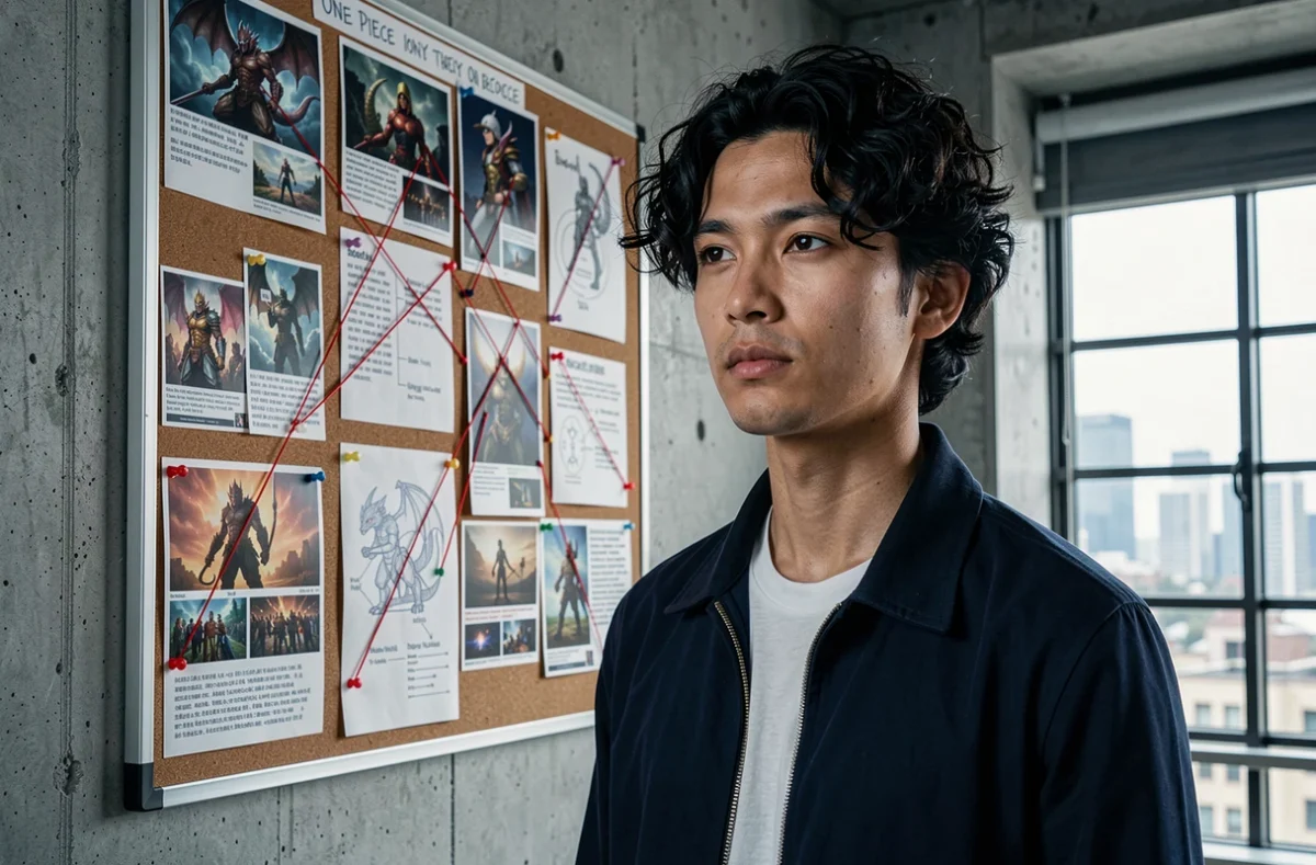 Jeune homme passionné de One Piece analysant un tableau de théories sur Dragon Monkey D et ses pouvoirs cachés dans un appartement industriel