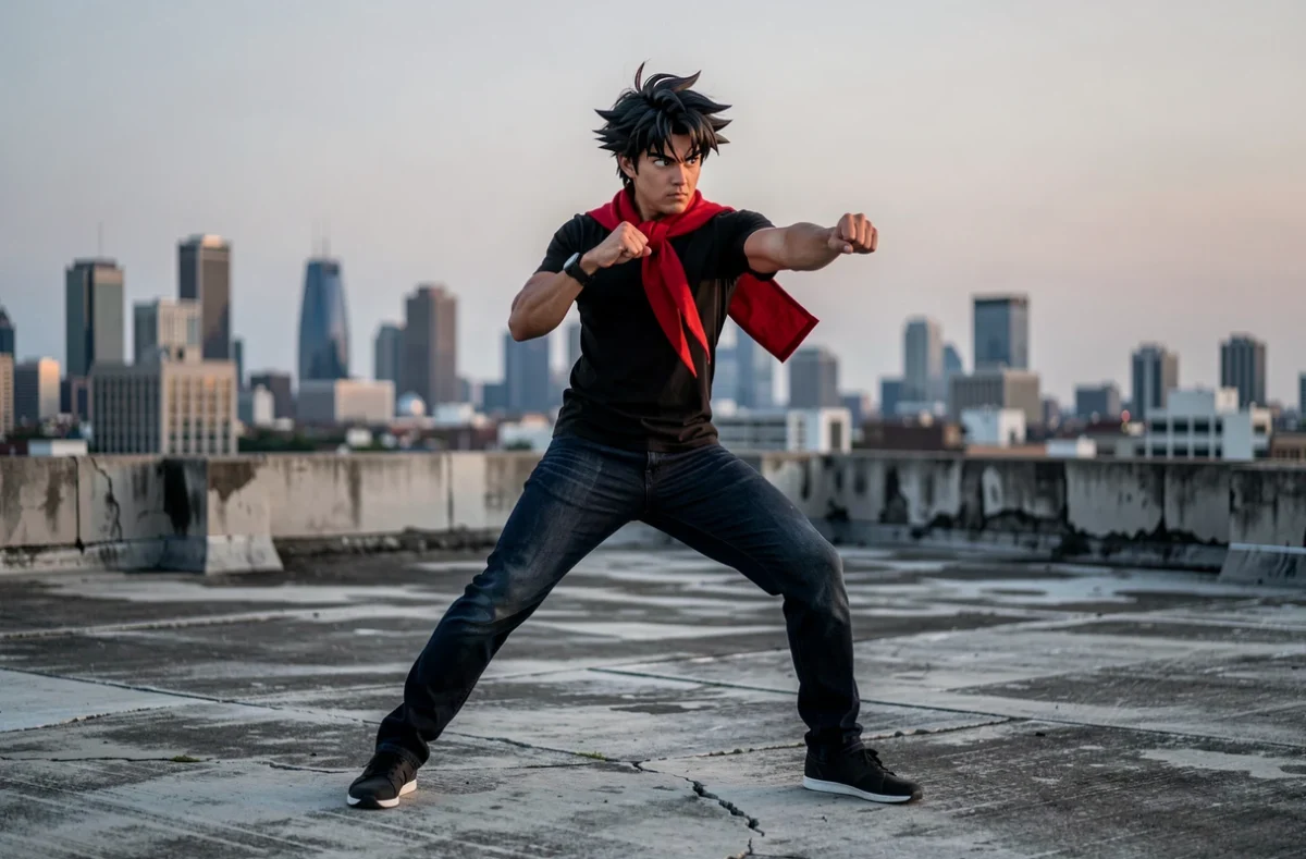 Androïde 17 Dragon Ball Z en pose de combat sur un toit urbain au crépuscule