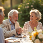 Couple âgé riant lors d'une fête de 60 ans de mariage