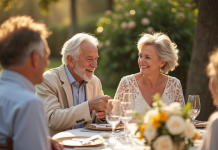 Couple âgé riant lors d'une fête de 60 ans de mariage