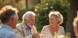 Couple âgé riant lors d'une fête de 60 ans de mariage