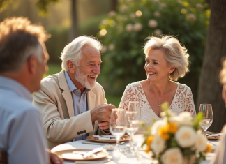 Couple âgé riant lors d'une fête de 60 ans de mariage