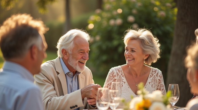Couple âgé riant lors d'une fête de 60 ans de mariage