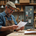 Artisan français vérifiant factures dans un atelier lumineux