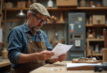 Artisan français vérifiant factures dans un atelier lumineux