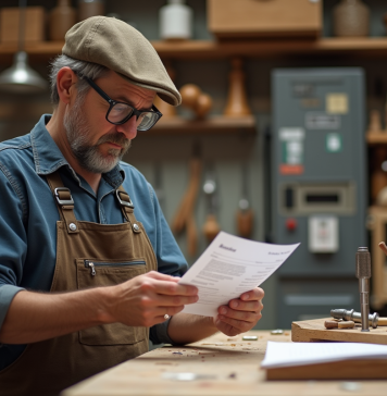 Artisan français vérifiant factures dans un atelier lumineux
