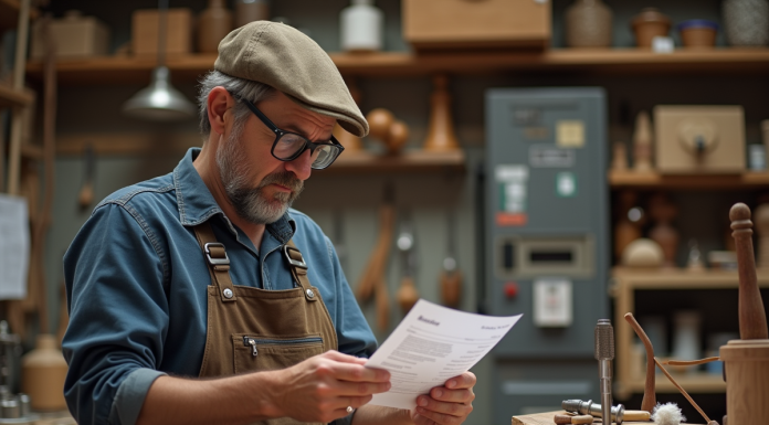 Artisan français vérifiant factures dans un atelier lumineux