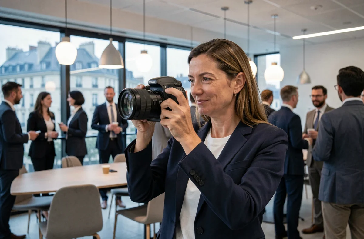 Photographe d'Atout Pict en action lors d'un événement d'entreprise dans une salle moderne avec vue sur la ville