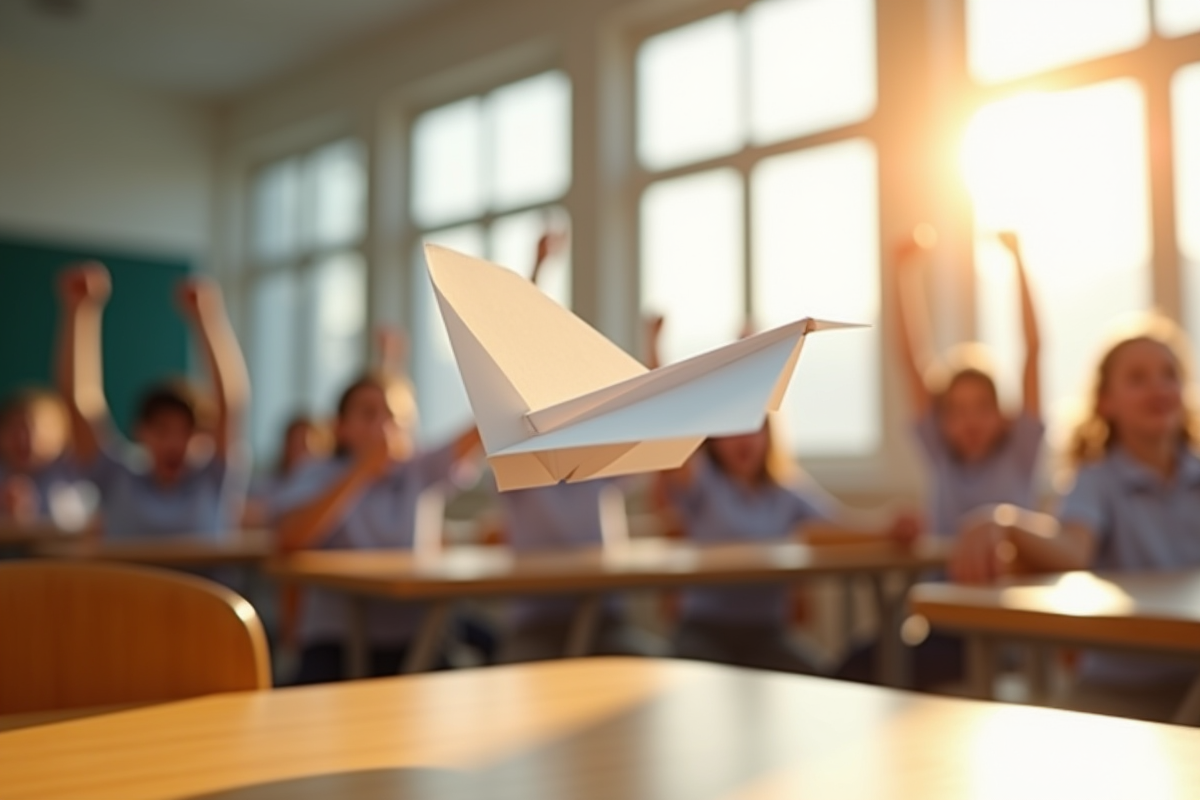 Avion en papier blanc volant au-dessus d