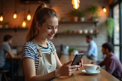 Barista filmant un café latte art avec son smartphone pour une story Instagram dans un café indépendant au décor chaleureux