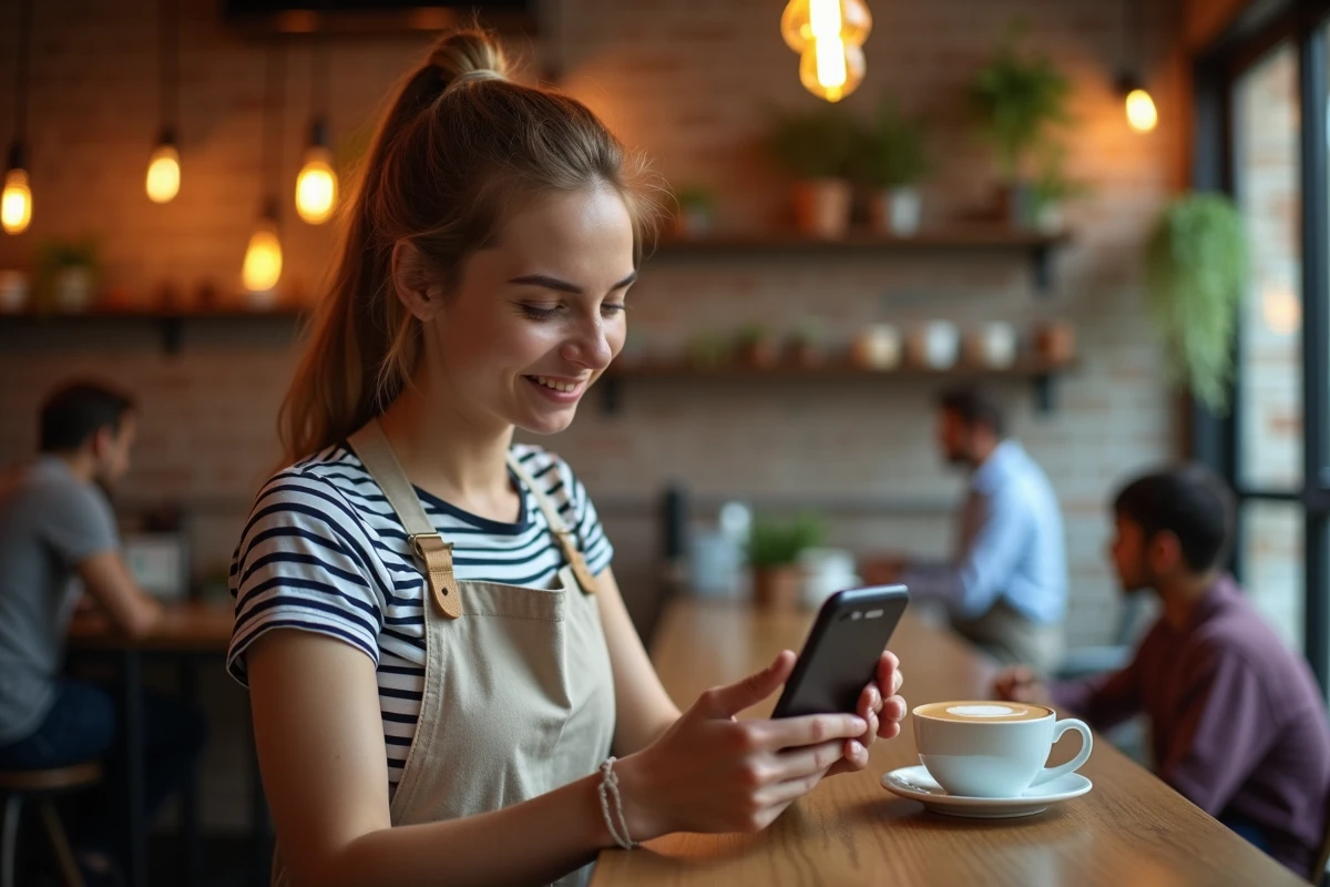 Barista filmant un café latte art avec son smartphone pour une story Instagram dans un café indépendant au décor chaleureux