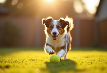 Chien berger australien jouant avec une balle dans le jardin