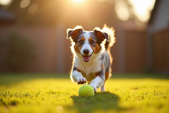 Chien berger australien jouant avec une balle dans le jardin