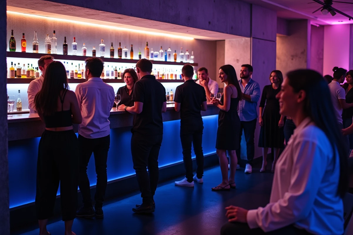 Groupe de célibataires qui socialisent dans une boîte de nuit tendance à Marseille avec un bar moderne en arrière-plan