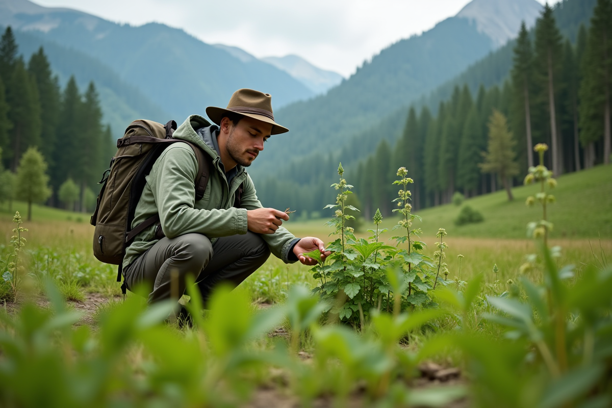 Jeune botaniste examinant des plantes sauvages dans un champ vert