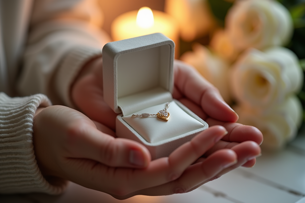 Mains tenant un coffret avec un collier délicat et des roses blanches