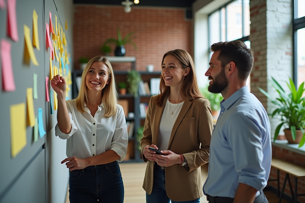 Trois jeunes professionnels partageant une idée avec des notes adhésives