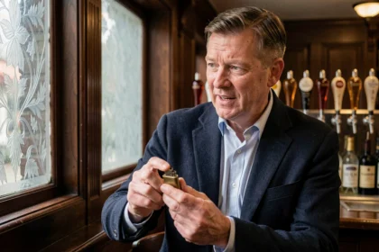 Homme britannique d'âge mûr tenant un briquet laiton dans un pub anglais traditionnel, illustrant une conversation en anglais britannique