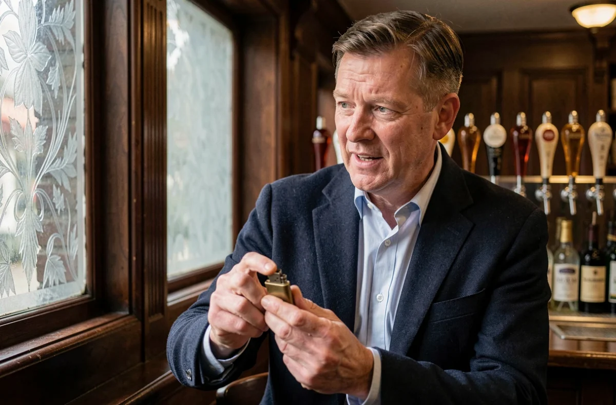 Homme britannique d'âge mûr tenant un briquet laiton dans un pub anglais traditionnel, illustrant une conversation en anglais britannique