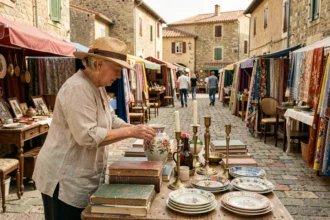 Femme examinant une pièce en céramique sur un stand de brocante en plein air dans un village des Alpes-Maritimes