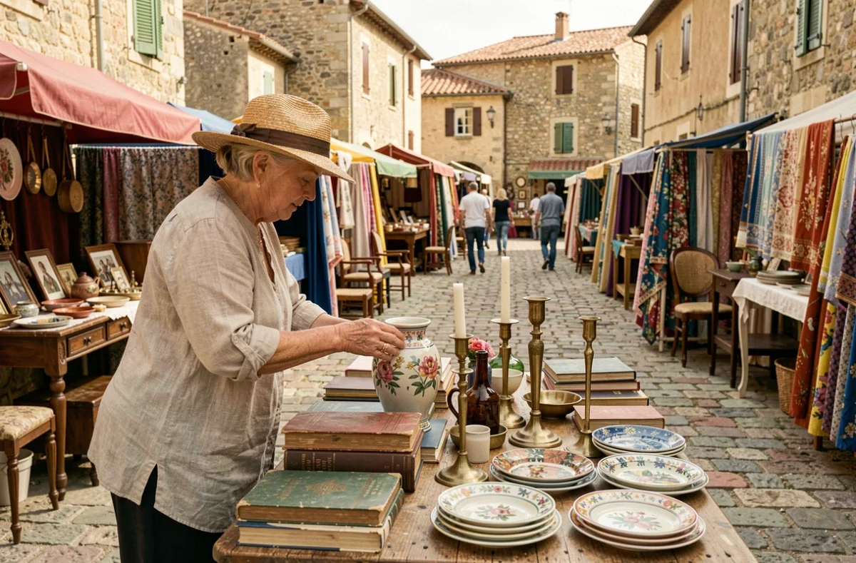 Femme examinant une pièce en céramique sur un stand de brocante en plein air dans un village des Alpes-Maritimes