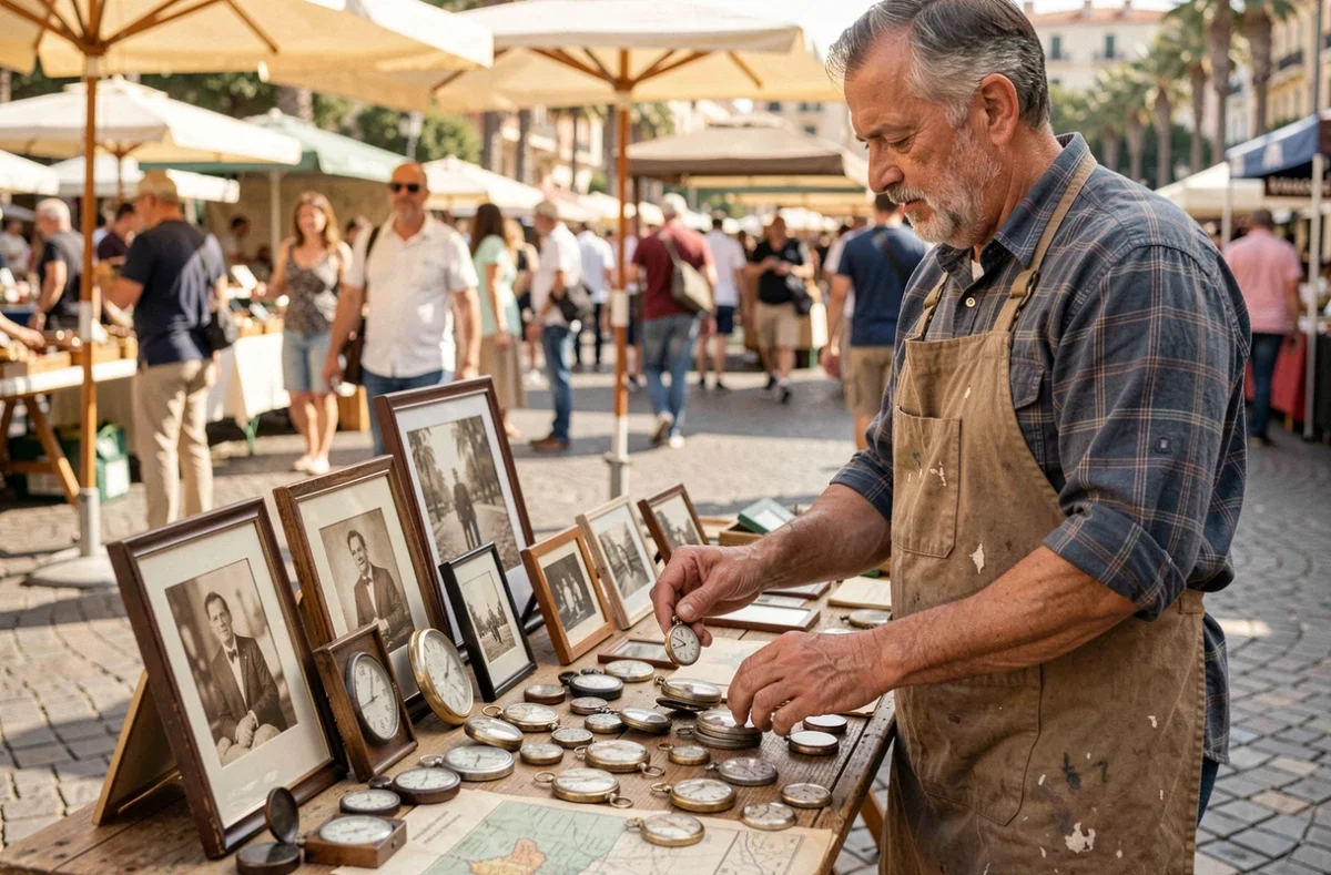 Brocanteur arrangeant des montres de gousset et des cartes anciennes sur son étal à Nice