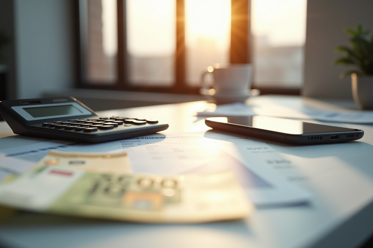 Bureau moderne avec calculatrice et relevés de salaire