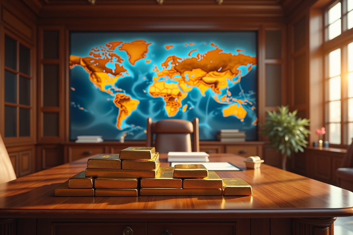 Bureau luxueux avec carte du monde et lingots d or