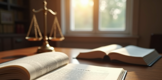 Bureau de juge avec livres et balance de justice