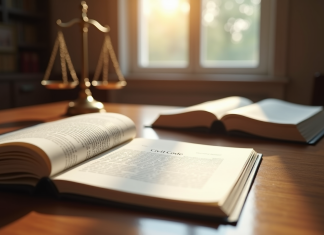 Bureau de juge avec livres et balance de justice