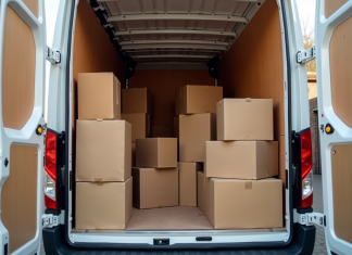 Camion de déménagement bien rempli avec meubles et cartons