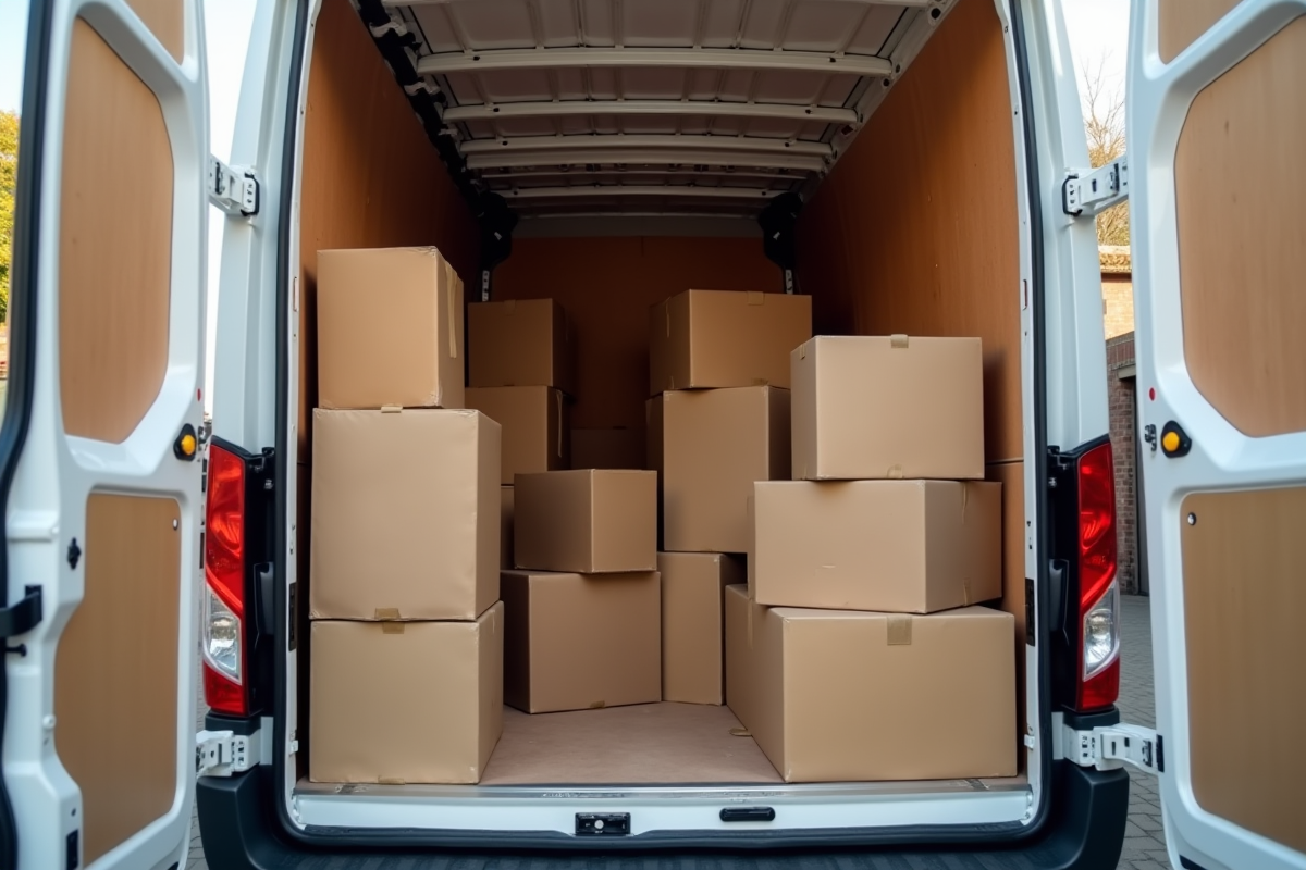 Camion de déménagement bien rempli avec meubles et cartons