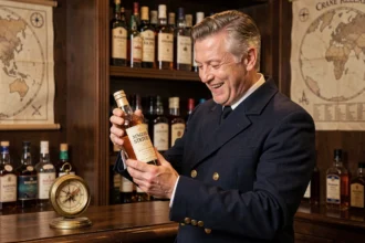 Homme en manteau de capitaine examinant une bouteille de whisky vintage dans un bar nautique décoré de cartes marines