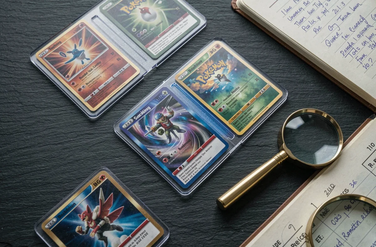 Vue en plongée de cartes Pokémon rares gradées sur ardoise avec loupe et carnet de collection, classement des cartes les plus précieuses