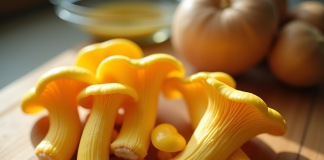 Chanterelles jaunes fraîches nettoyées sur plan de travail lumineux