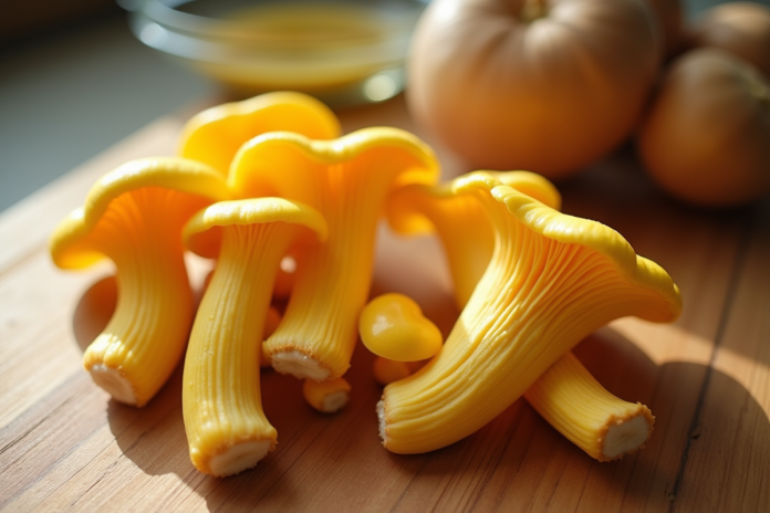 chanterelles-fraiches-nettoyage Chanterelles jaunes fraîches nettoyées sur plan de travail lumineux