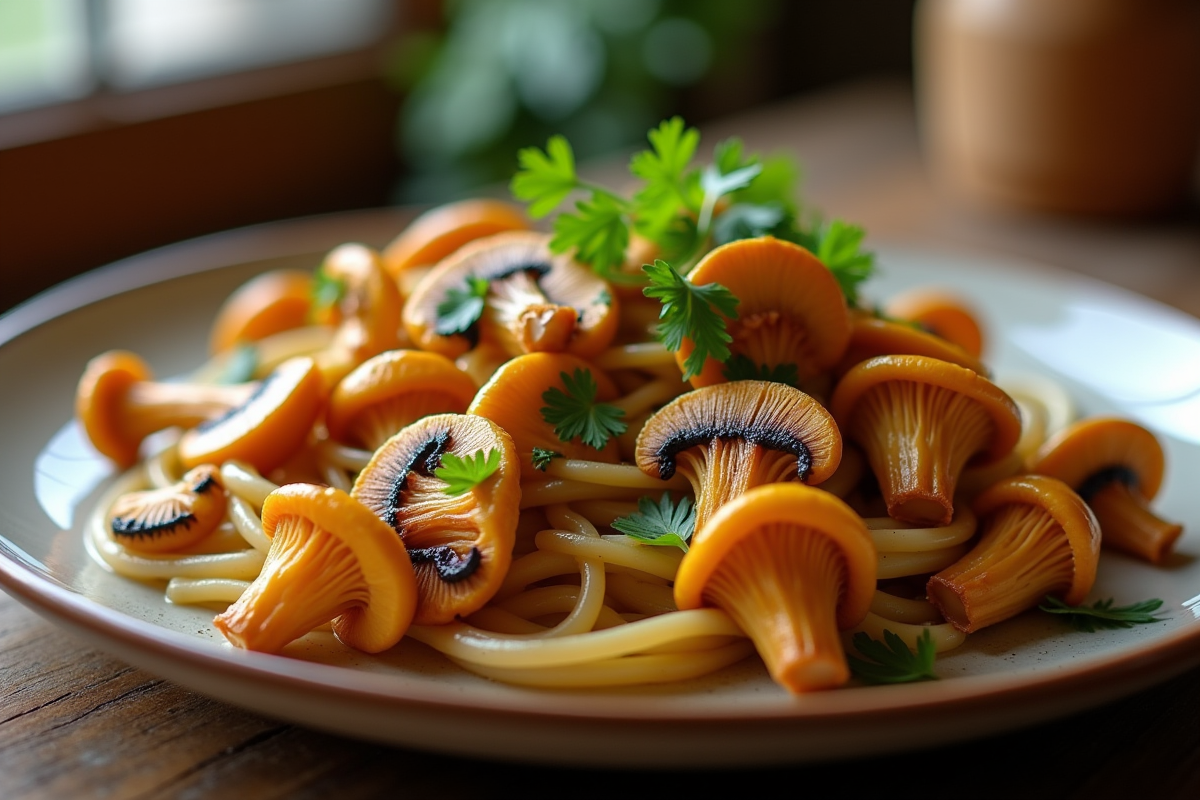 Plat de chanterelles sautées garnies de persil sur table chaleureuse