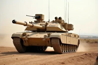 Char M1A1 Abrams de l'armée américaine vu de face en trois quarts sur un terrain d'entraînement poussiéreux