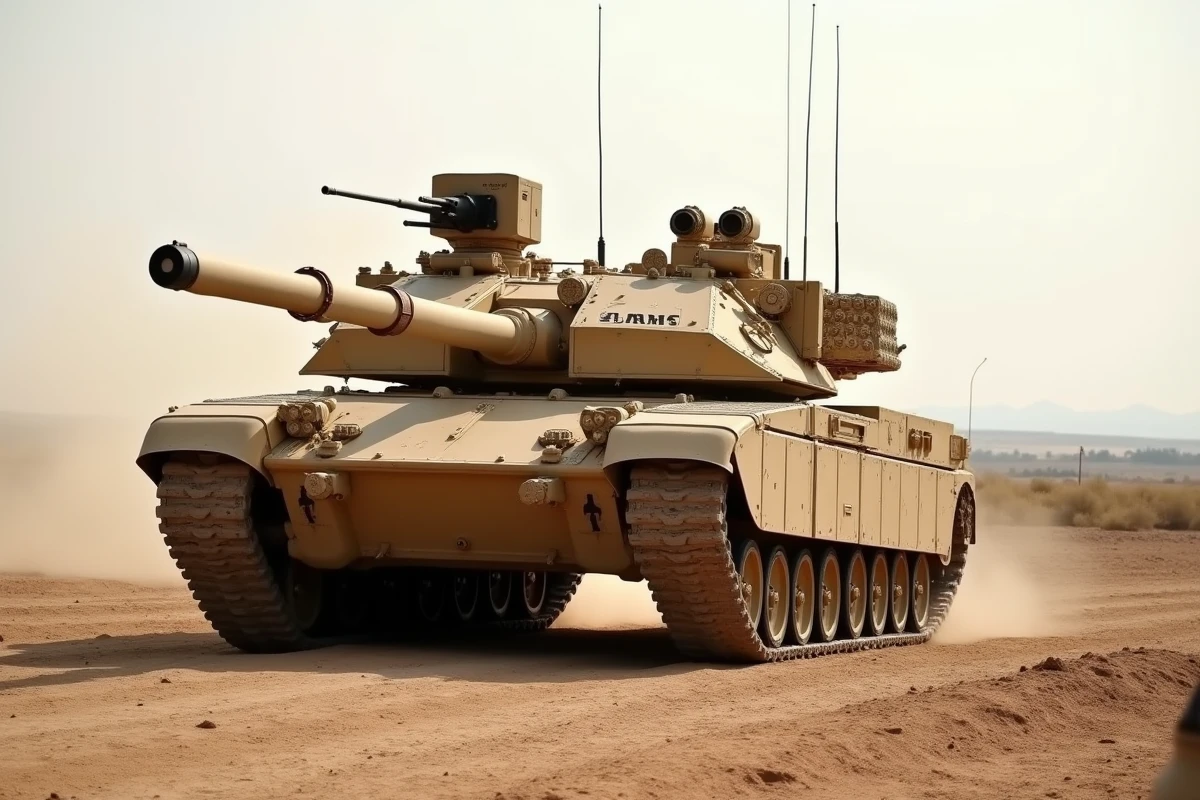 Char M1A1 Abrams de l'armée américaine vu de face en trois quarts sur un terrain d'entraînement poussiéreux