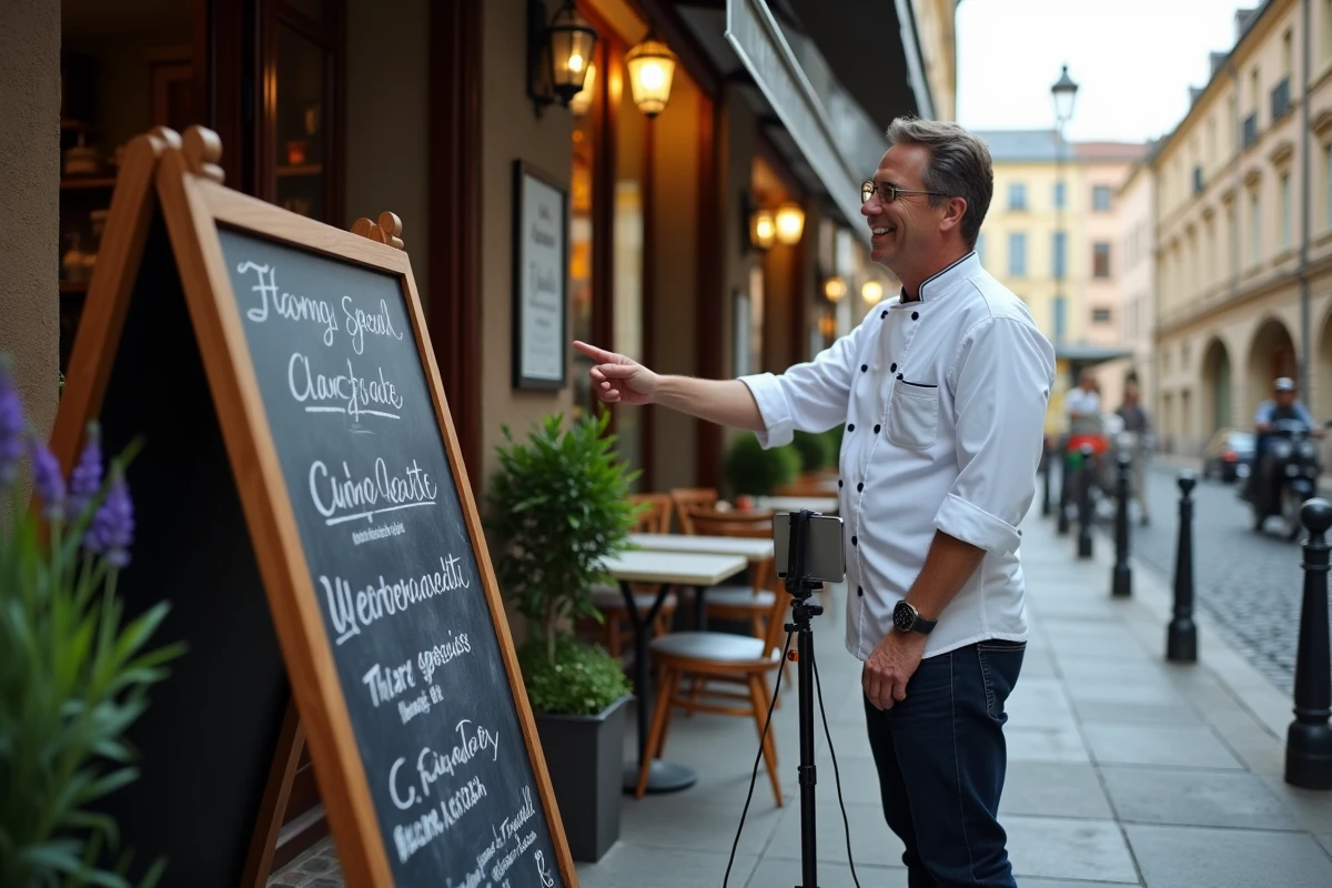 Chef cuisinier enregistrant une story Instagram devant l'entrée de son restaurant de quartier avec un tableau de spécialités du jour